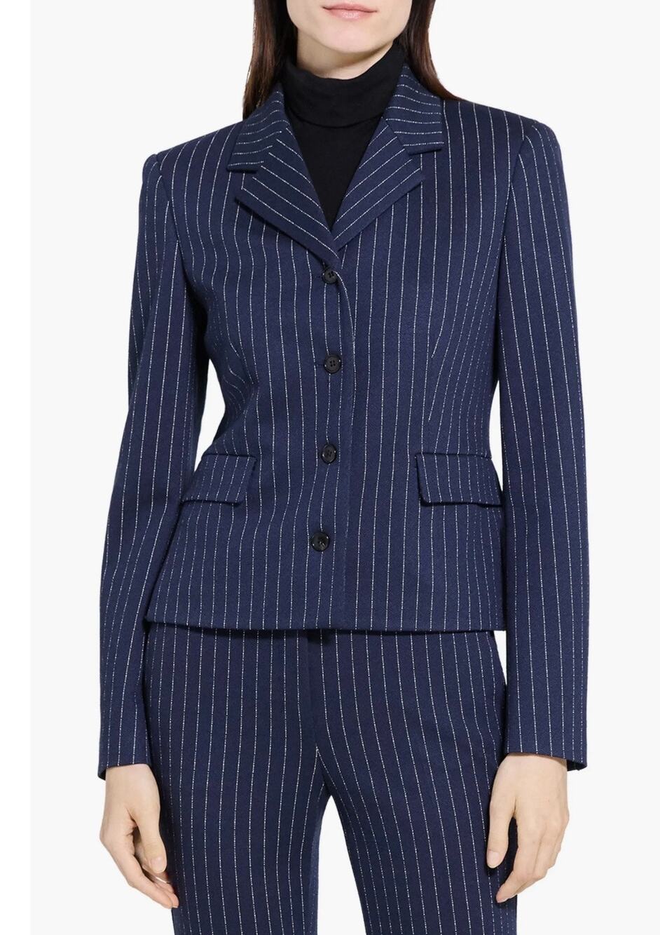 New Theory Women's Navy Blue White Pinstripe Crepe Fitted Suit Jacket Size 8